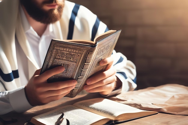 Judío jasídico lee siddur judío ortodoxo religioso con barba orando rápidamente en un tallit blanco en un