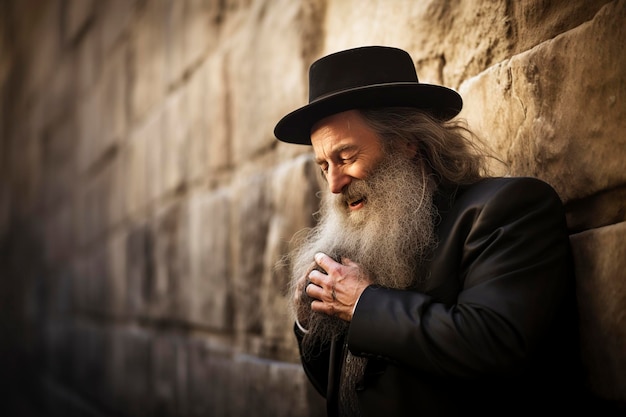 Foto judío ortodoxo con una kippah orando en el muro occidental