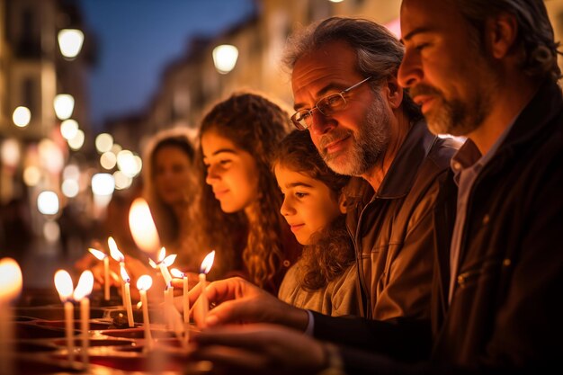 Foto judíos felices encendiendo velas en hanukkah