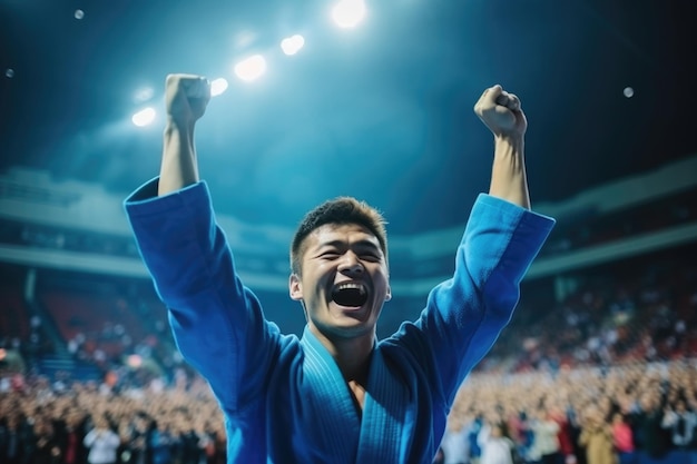 Un judoista asiático con un uniforme azul se regocija después de ganar un torneo en un estadio