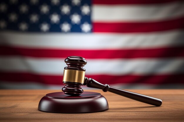 Jueces de madera con martillo de gafas de lectura y bandera de los Estados Unidos en la mesa del juez de la ley