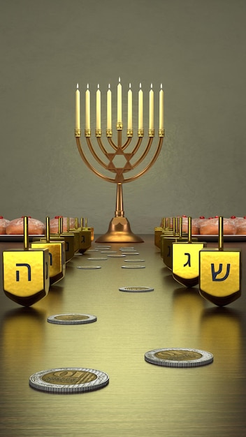 Jüdischer Feiertag Hanukkah Hanukkiah und Dreidels vertikale 3D-Illustration