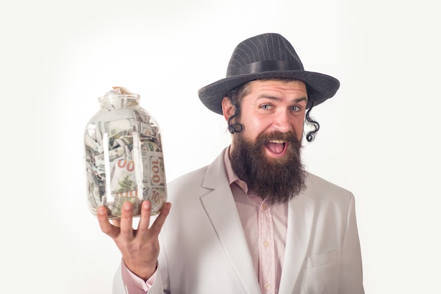 Jüdischer Mann bärtiger jüdischer Mann mit Geldporträt bärtiger orthodoxer jüdischer Mann Purim-Geschäft