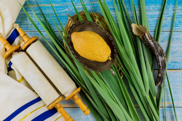 Jüdisches Festival traditionelle Symbole von Sukkot mit vier Arten Etrog Lulav Hadas Arava