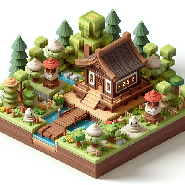 Juego 3d Isométrico Pequeño Bosque Templo de Madera Zen