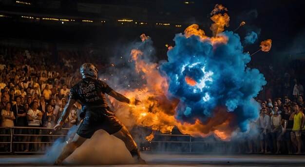 Foto un juego de acción con un fuego azul y naranja en el fondo