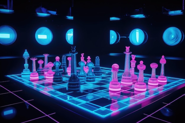 Juego de ajedrez de neón en una habitación futurista con pantallas holográficas flotantes creadas con IA generativa