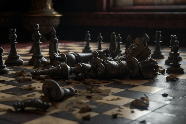 Un juego de ajedrez con una pieza de ajedrez rota en el suelo.