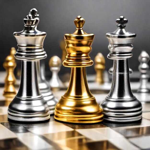 un juego de ajedrez con piezas de oro y plata en un tablero de ajedres