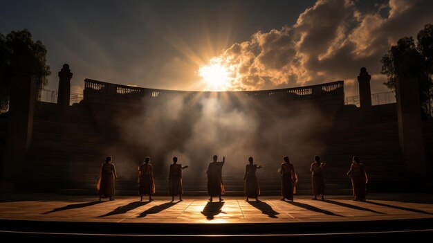 Foto el juego de anfiteatro presenta actores construidos con luz, intricacias de sombras.