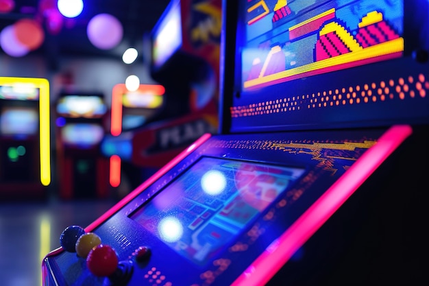 Juego de arcade iluminado en la zona de juegos de neón