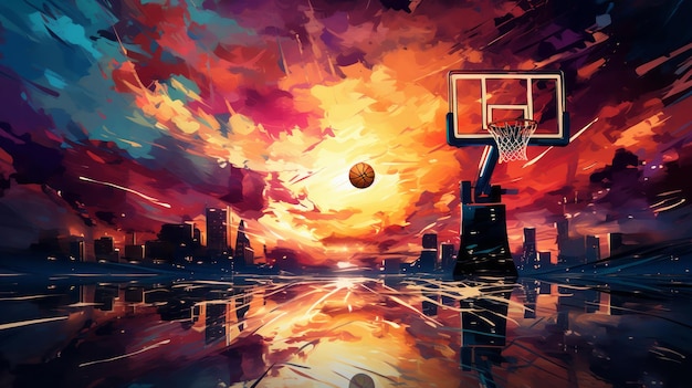 un juego de baloncesto nocturno con un aro vibrante