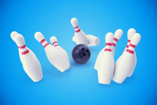 Juego de bolos, bola de bolos negra chocando contra los bolos, ilustración 3d