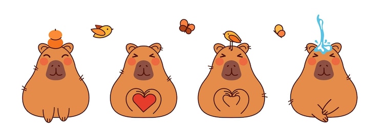 Foto el juego de capíbaras lindos personajes de capíbara relajantes acostados con naranjas pájaros goteo de agua hacen el signo del corazón roedores tranquilos divertidos ilustración vectorial de dibujos animados plana aislada sobre fondo blanco