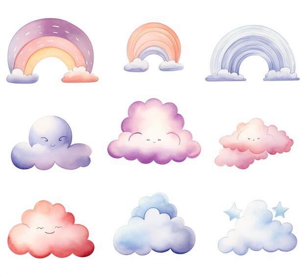 Un juego caprichoso de acuarelas pastel arco iris y nubes perfectas para diseños de ensueño arte infantil y temas creativos de papelería