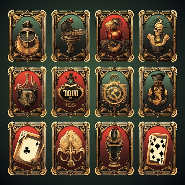 Un juego de cartas con un fondo rojo y verde con un emblema rojo y dorado.