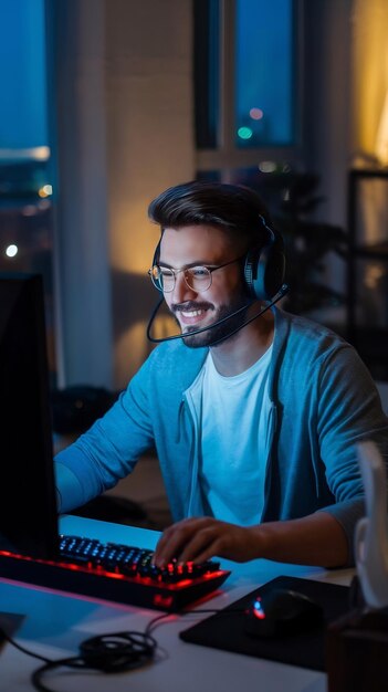 Juego en casa Retrato de un jugador jugando a videojuegos en línea en una computadora personal