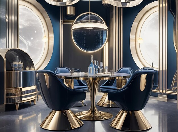 Juego de comedor de lujo de renderizado 3d en un moderno comedor de lujo, sala de iluminación futurista