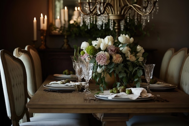 Juego de comedor de madera natural con candelabro de cristal y flores frescas creado con ai generativo