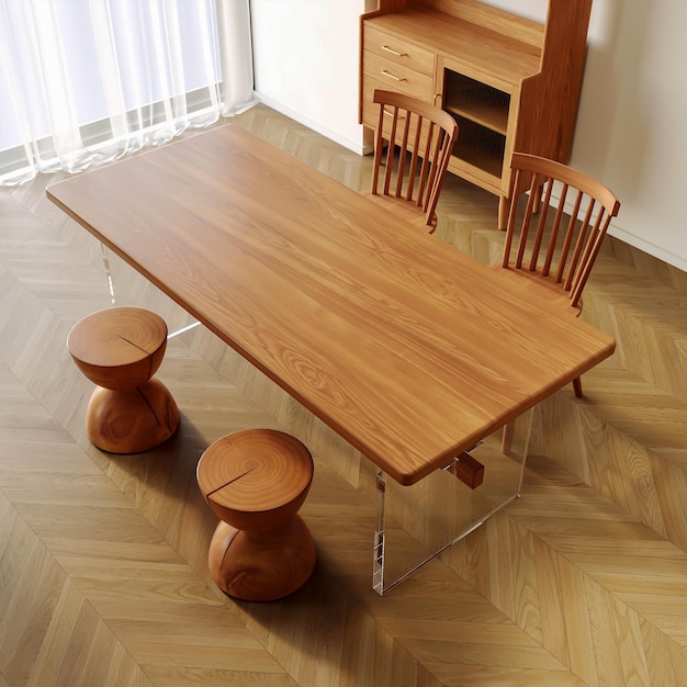 Juego de comedor de renderizado 3d mesa y silla de madera muebles interiores