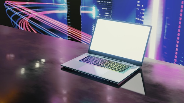 Juego Computadora portátil con luz de color brillante en la mesa negra Fondo de neón oscuro Representación de ilustración 3D