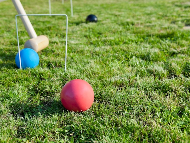 Juego de croquet en césped verde