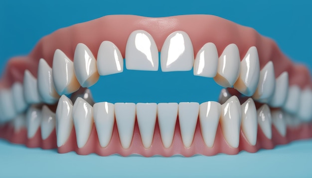 Foto un juego de dientes falsos con un fondo azul