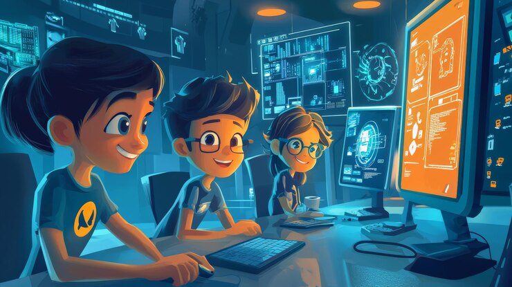 Foto un juego digital divertido y atractivo que enseña a los niños sobre ciberseguridad con desafíos interactivos y recompensas por aprender prácticas en línea seguras