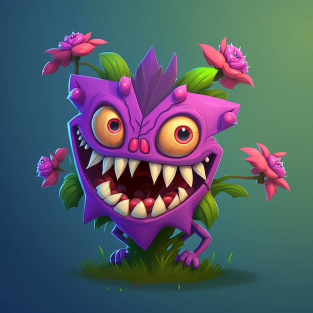 En el juego, diseño de un solo monstruo con forma de flor, estilo de dibujos animados por AI generativa