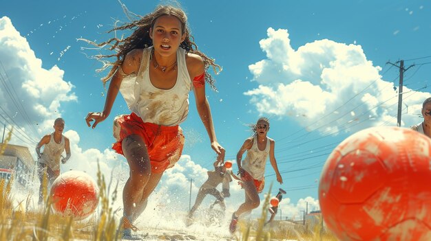 Un juego de dodgeball con jugadores esquivando el fondo de lanzamiento