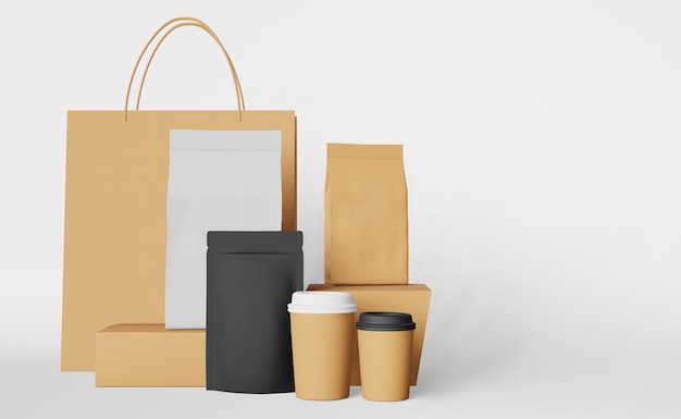 Juego de empaque bolsa de compras de papel bolsa negra caja de tazas de café maqueta Representación 3D Plantilla de venta de entrega de comida para llevar