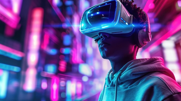Juego y entretenimiento de tecnología digital del futuro Adolescente divirtiéndose jugando VR gafas de realidad virtual