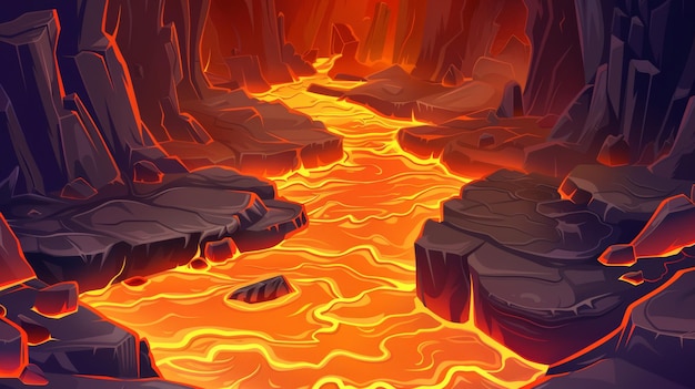 Foto un juego de fantasía de fondo de dibujos animados un misterioso y peligroso flujo de magma caliente fundido diseño de aventura de nivel una grieta de tierra con fuego líquido que fluye a través de un