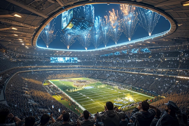 Juego de fútbol americano en un estadio futurista con fuegos artificiales y multitud de espectadores.