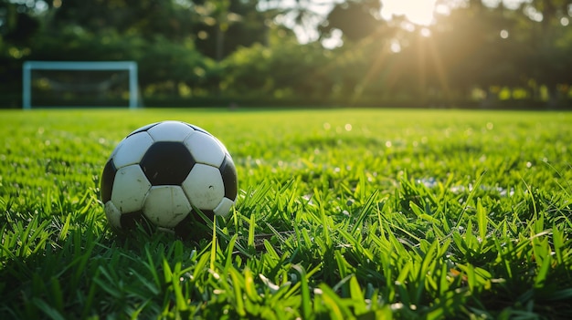 Juego de fútbol en el campo verde con una pelota monocromática