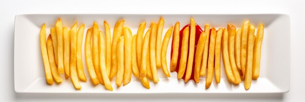 Juego Golden Goodness de papas fritas en un plato blanco con salsa de tomate