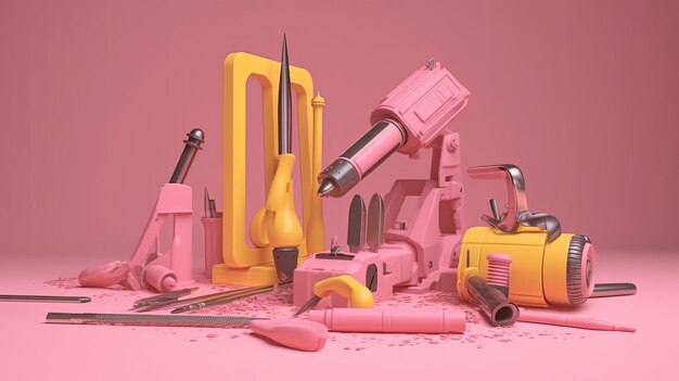 Juego de herramientas 3d para trabajos Fondo rosa Concepto del día del trabajo