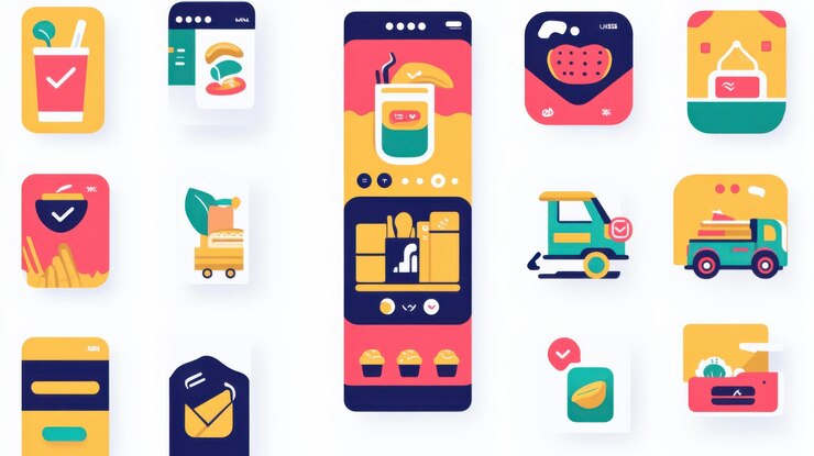 Foto un juego de iconos para una aplicación de entrega de alimentos que incluye brillantes