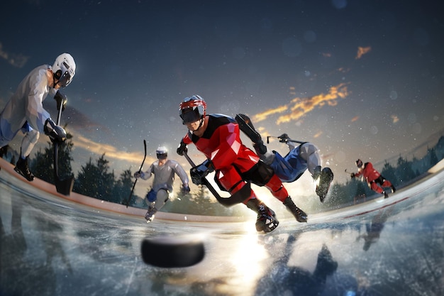 Juego de jugador de hockey en la pista de patinaje sobre hielo. alrededor del bosque y las montañas 3d render polígono estilo ilustración