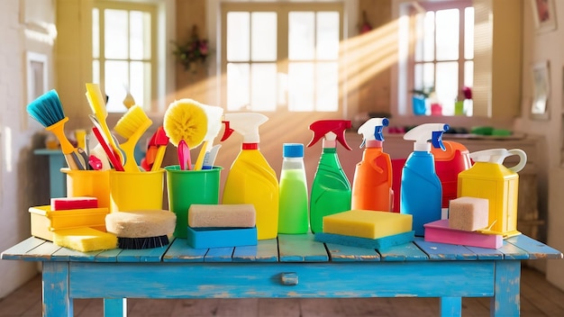 Un juego de limpieza de colores brillantes en una mesa de madera