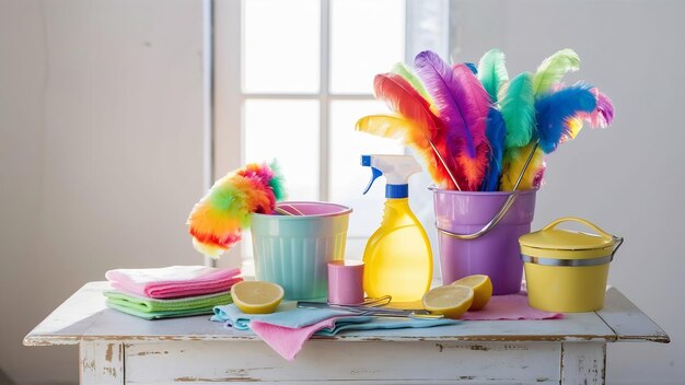 Foto un juego de limpieza de colores brillantes en una mesa de madera