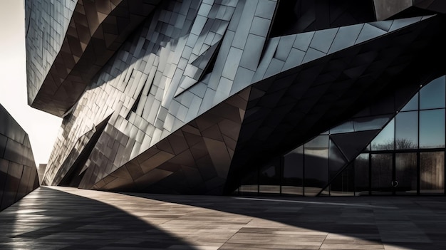 El juego de luces y sombras en las formas angulares del edificio crea un espectáculo visual en constante cambio generado por IA