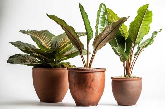 Un juego de macetas de terracota con las hojas de una planta.