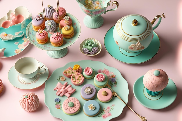 Juego de merienda en colores pastel con una variedad de pasteles dulces y salados con un juego de té Royal Doulton en rosa pastel, azul, amarillo y verde