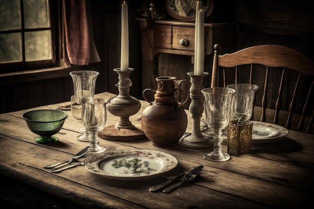 Juego de mesa antigua de madera de labranza con porcelana fina y copas de cristal