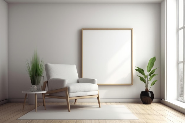 Este juego minimalista de silla y mesa en una habitación espaciosa y cómoda cuenta con elementos de diseño escandinavo AI Generative