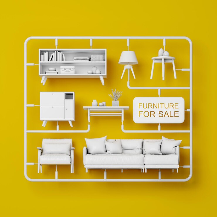 Juego de muebles con etiqueta Concepto para publicidad de muebles o decoración del hogar