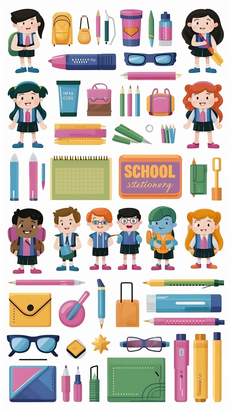 Foto el juego de papelería de la escuela es genial, los compañeros de clase son personajes de dibujos animados.