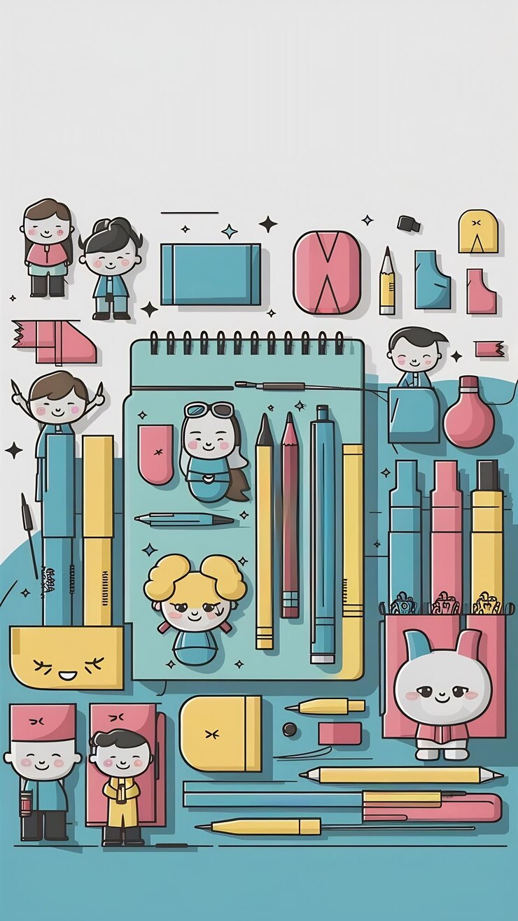 Foto el juego de papelería de la escuela es genial, los compañeros de clase son personajes de dibujos animados.