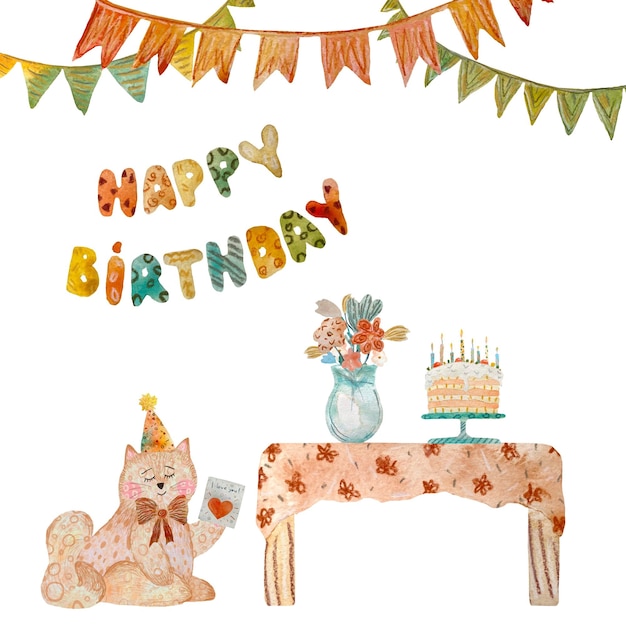 Juego de pastel de gato de juguete de fiesta de flores de cumpleaños de banderas. Una ilustración de acuarela. Textura dibujada a mano. Aislar